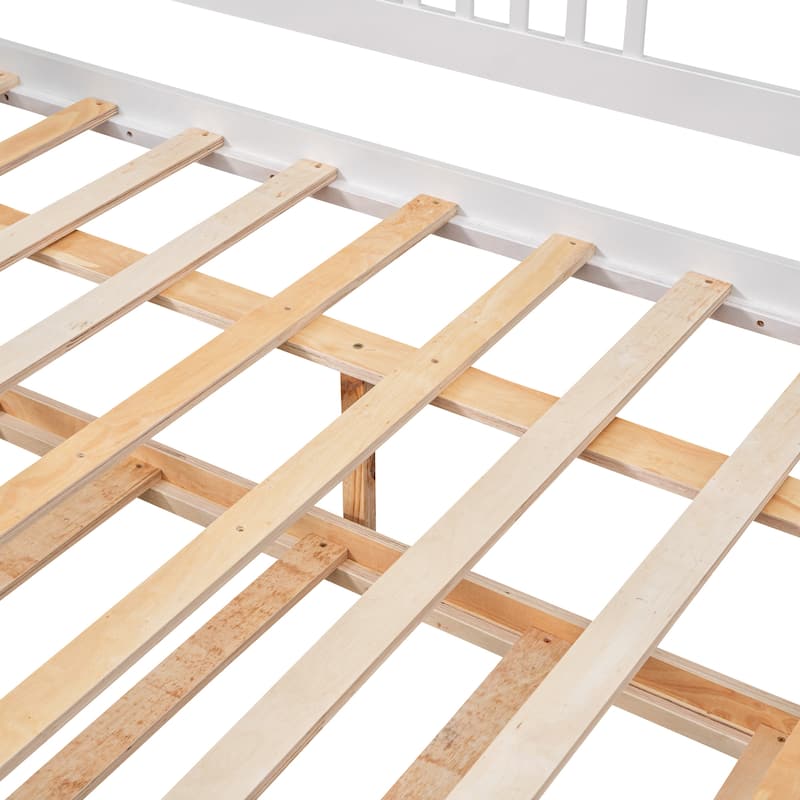 Full Size Wooden Daybed Frame with Twin Trundle and Rails, Solid Pine Wood Bed Convertible Lounge Sleeper Sofa Bed