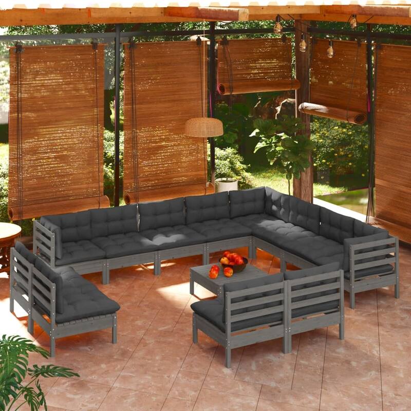 vidaXL Solid Pinewood Patio Lounge Set 13 Piece with Cushions Multi Colors - Grey