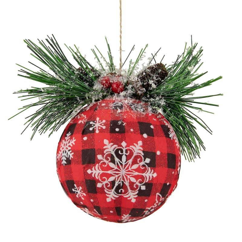 Buffalo Plaid and Pine Needle Snowflake Christmas Ball Ornament - 5.5" - Black and Red