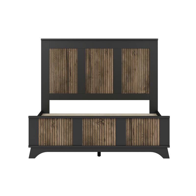Wooden Platform Bed, Wingback Bed Frame with Wooden Strip Decoration Headboard and Footboard, Plywood Slats Support