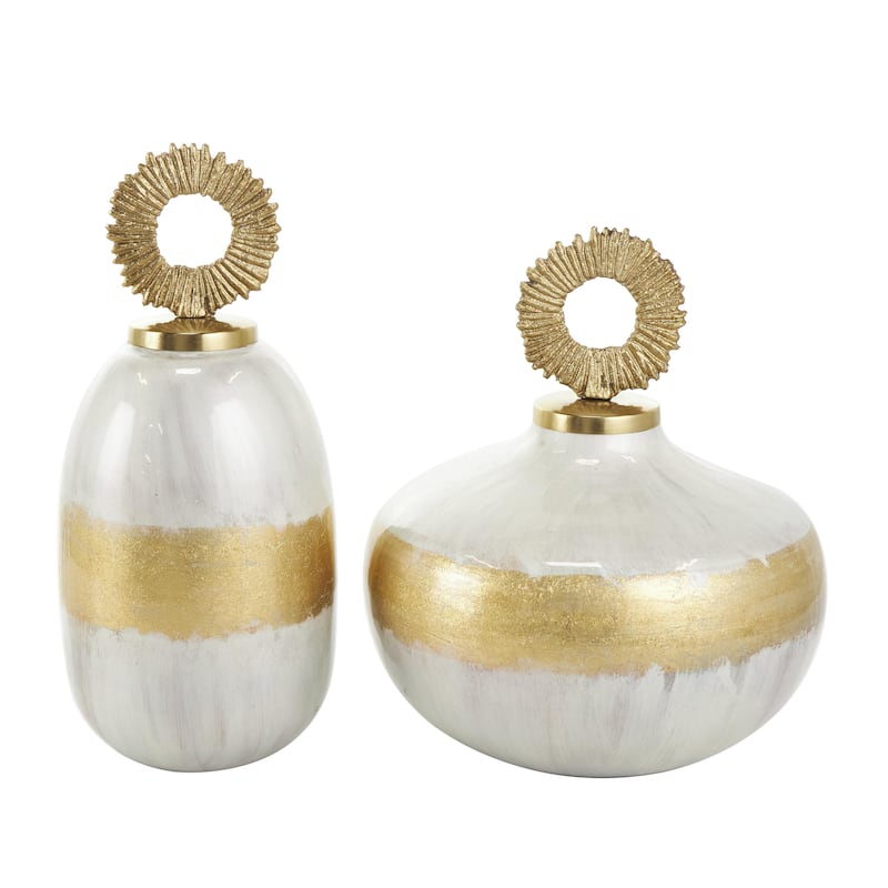 Metal Living Room Decorative Jars with Silver or Gold Ring Handles - Set of 2 Blue or White - Roche River Decor