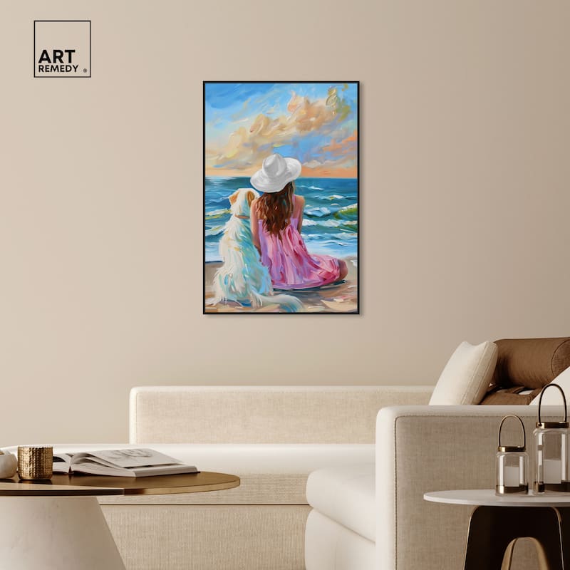 Art Remedy Girl And Her Best Friend Framed Colorful Coastal 1 Piece Canvas Wall Art