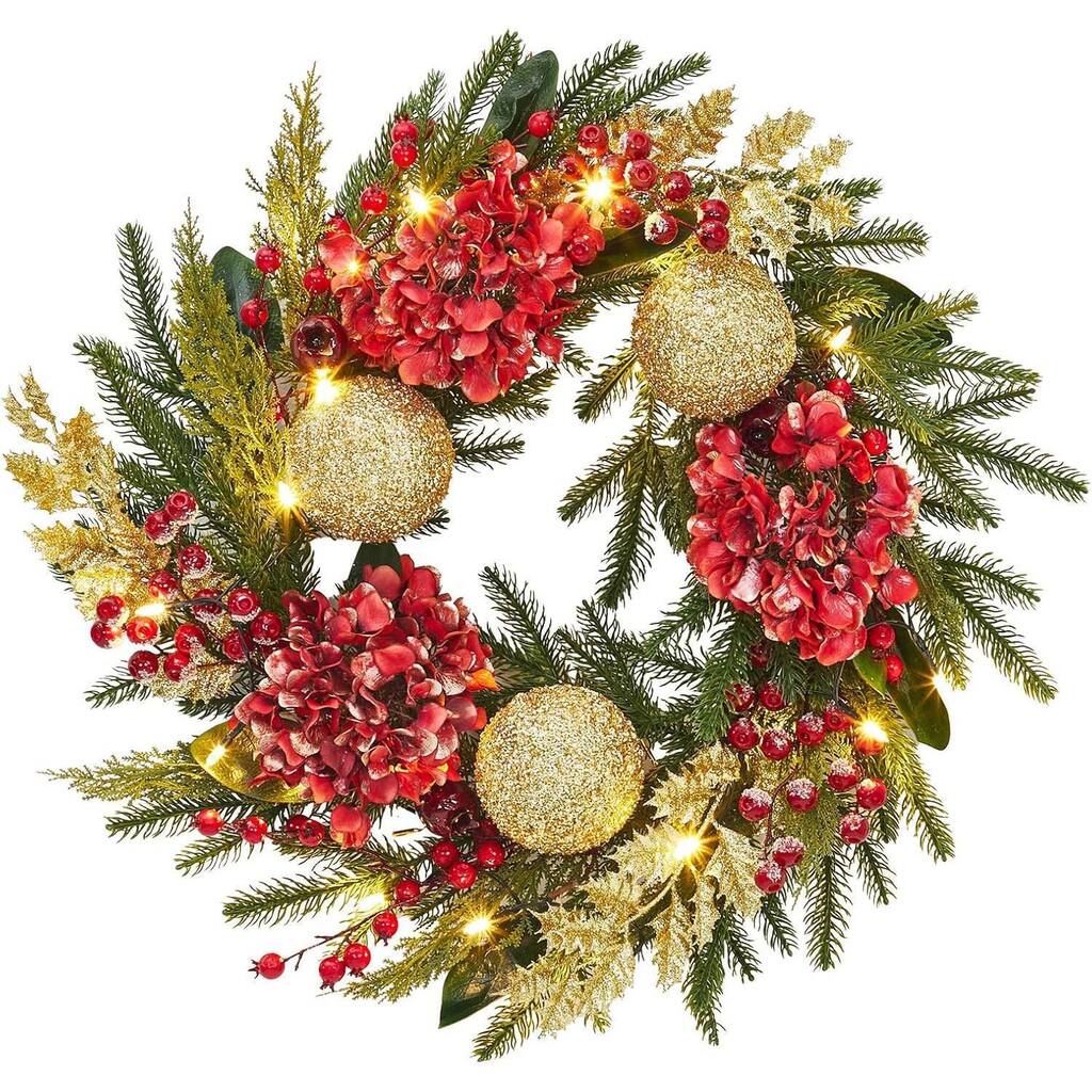 24 Inch Artificial Christmas Wreath with Red Flowers & Berries