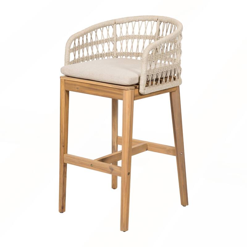 Outdoor Wood and Rope Barstool with Beige Cushion Set of 2