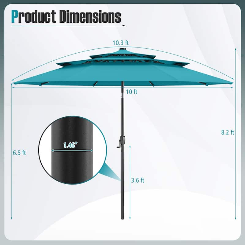 Gymax 10 FT Solar Patio Umbrella w/ 32 LED Lights 3-Tier Vented Top