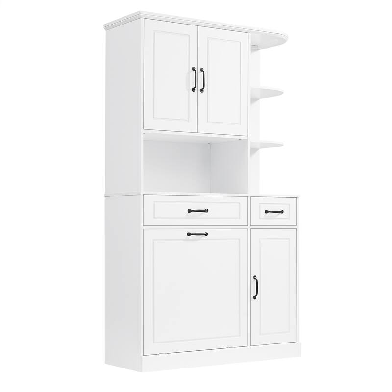 Roomfitters 70" Tall Storage Cabinet with Tilt-Out Hamper, 3 Drawers & Open Shelving, Modern MDF Linen Tower, White