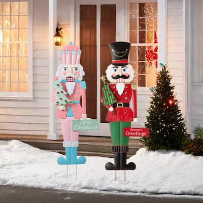Glitzhome 36"H Metal Christmas Nutcracker Yard Stake Standing Hanging Decor