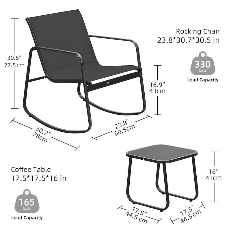 Moasis 3 Piece Rocking Patio Furniture Bistro Set with Chairs and Glass Table