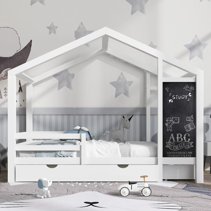 House Bed with Blackboard and Drawers, Two assembly options, White