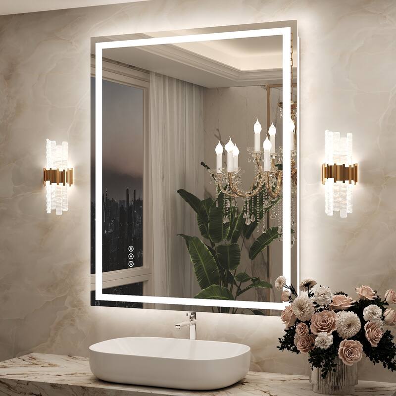 Frameless LED Front Light and Backlit 3 Colors Dimmable Anti-Fog Wall Bathroom Vanity Mirror - 40" x 32"-Square Corner