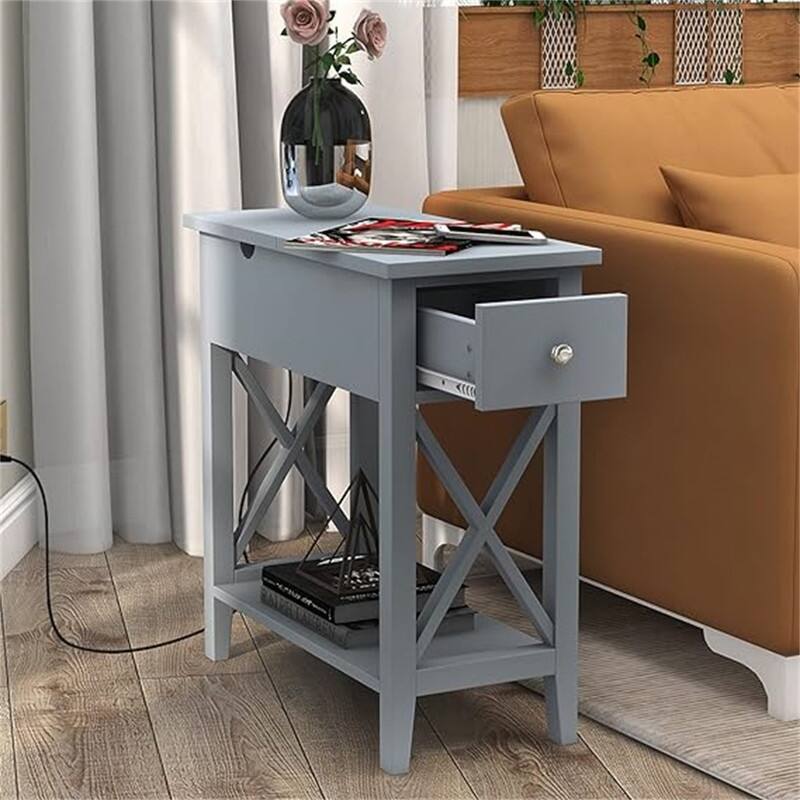 End Table with Flip Top and Charging Station - Grey With Power Outlets