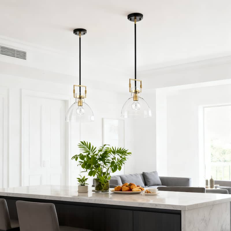 Black and Antique Gold 1-Light 10 Inch Bowl Glass Pendant