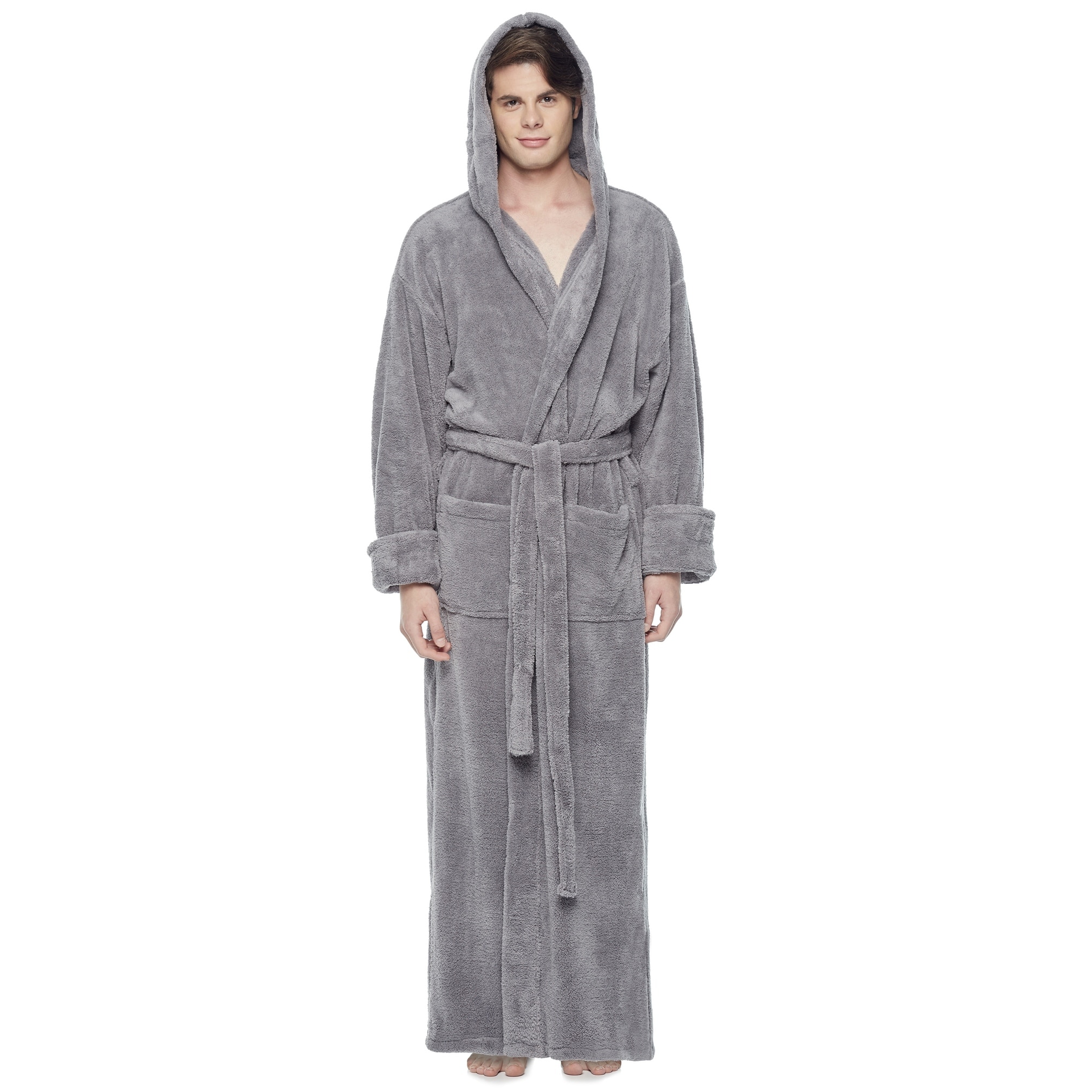 Men's Hooded Soft Plush Fleece Bathrobe Full Length Robe