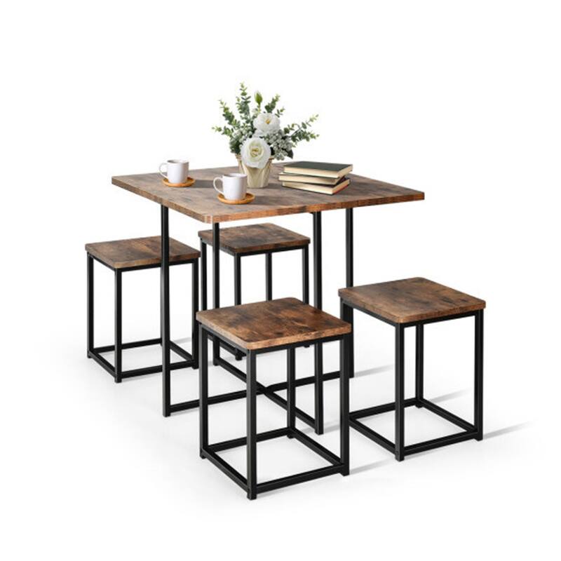 Metal Frame Dining Set with Compact Dining Table and 4 Stools 5 Pieces - Walnut