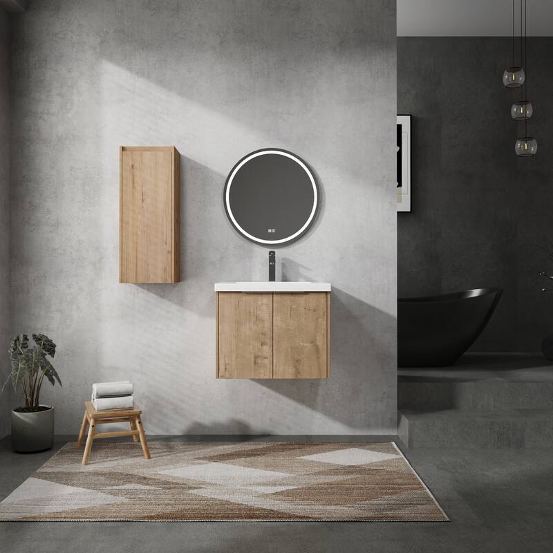 24" Floating Bathroom Vanity with Resin Sink, Side Cabinet, Soft-Close Hinges, and Water-Resistant Plywood Construction - 23.6in L Plywood - 23.6in L Imitative Oak