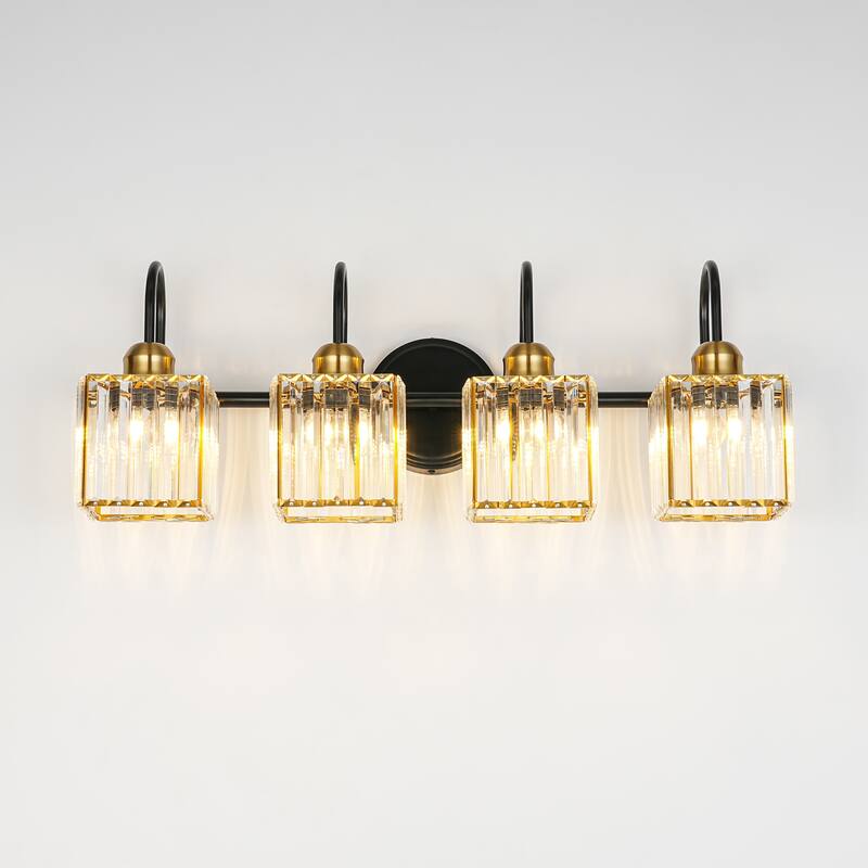 3/4-Light Mid-Century Modern Black and Gold Bathroom Vanity Light Cylinder Crystal Wall Sconces Lighting