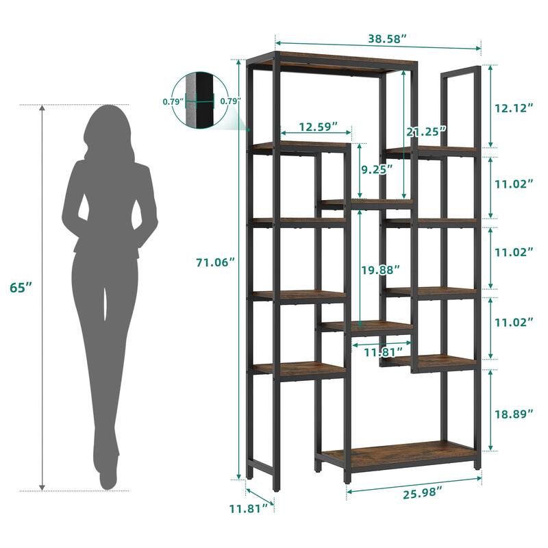 Wood 6-Tier Gold Bookshelf 71" Tall Modern Free Standing Bookshelf with 12 Shelves