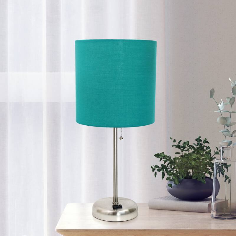 19.5" Power Outlet Metal Lamp in Steel w Aqua Shade