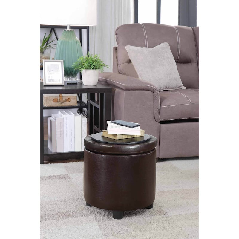 Space-Saving Round Accent Storage Ottoman with Reversible Tray Lid for Seating, Storage and Decorative Use