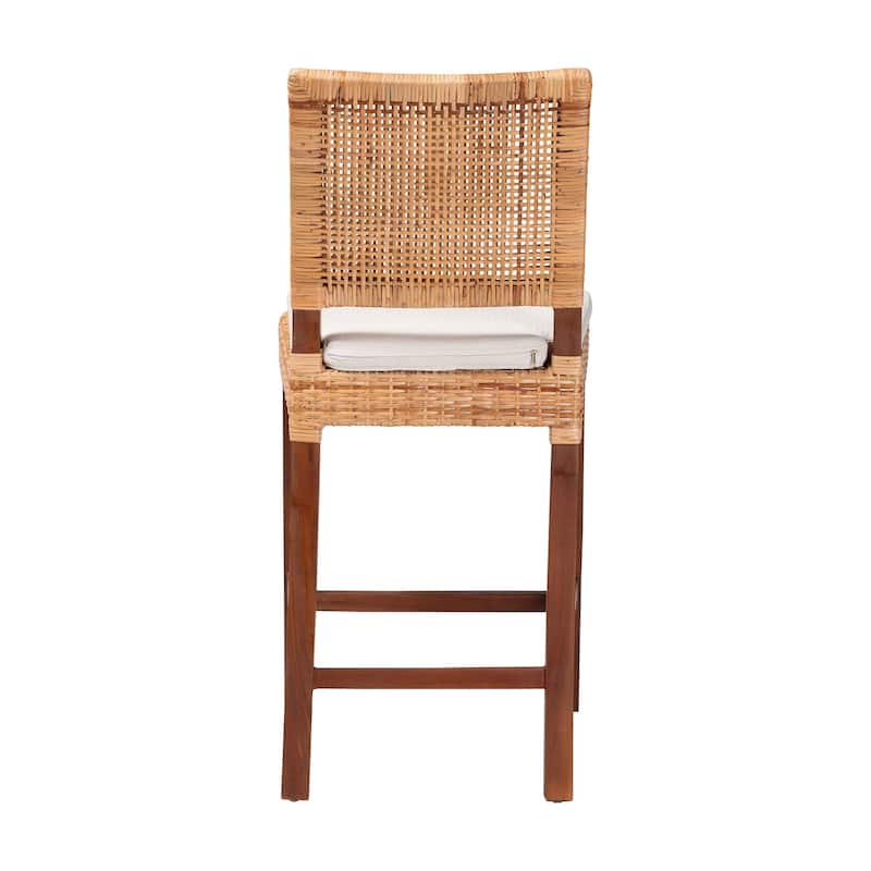 Lesia Natural Rattan Counter Stool with Cushion - Handwoven Wicker Stool with Mahogany Wood Frame, Coastal Boho Style