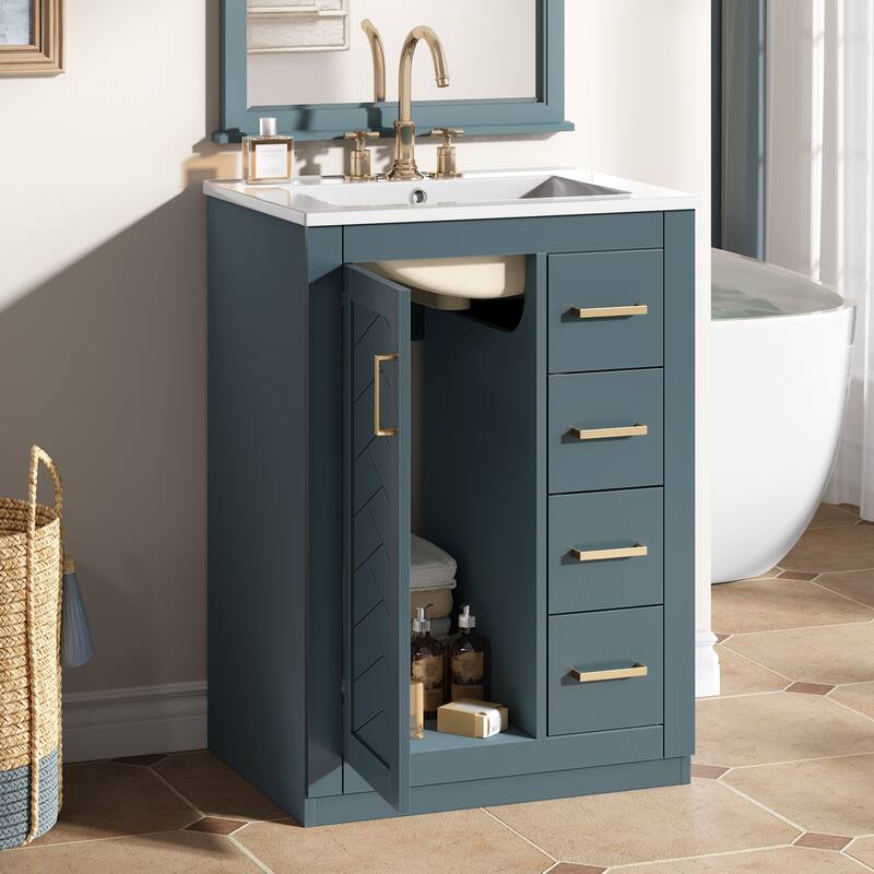 Roomfitters 24 Inch Bathroom Vanity with Integrated Ceramic Sink, Storage Cabinet with 3 Sliding Tiers & Soft Close Door