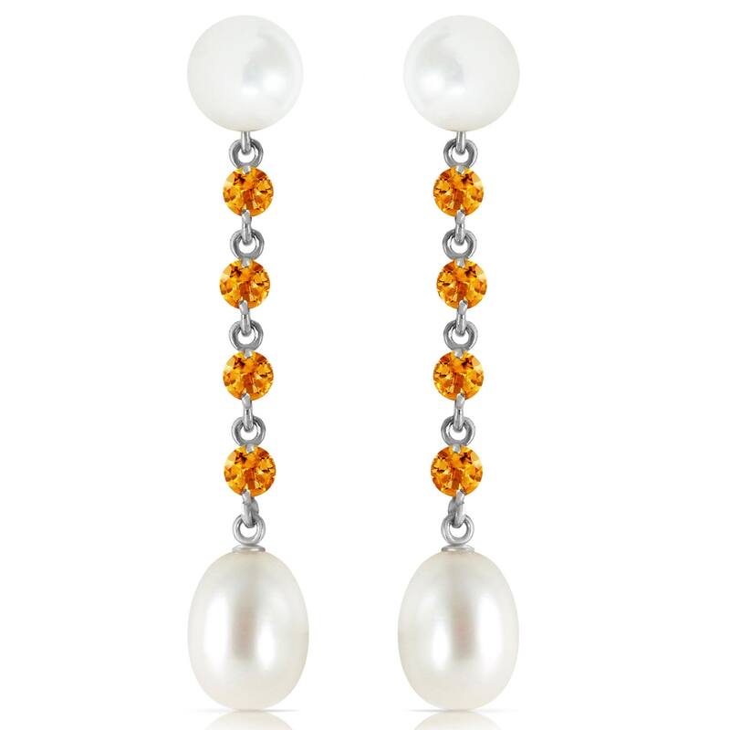 14K Solid Gold Chandelier Natural Citrine & Pearl Gemstone Earrings