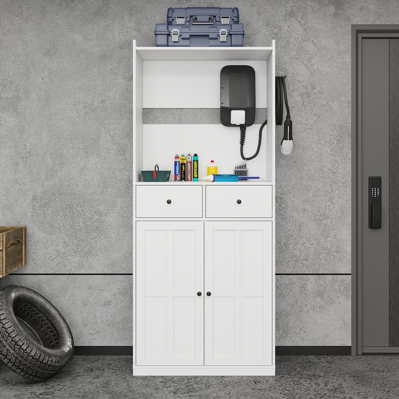 74" Garage Storage Cabinet with EV Charger Stand, Freestanding Charging Station Organizer with Hooks, 2 Drawers & 2 Doors