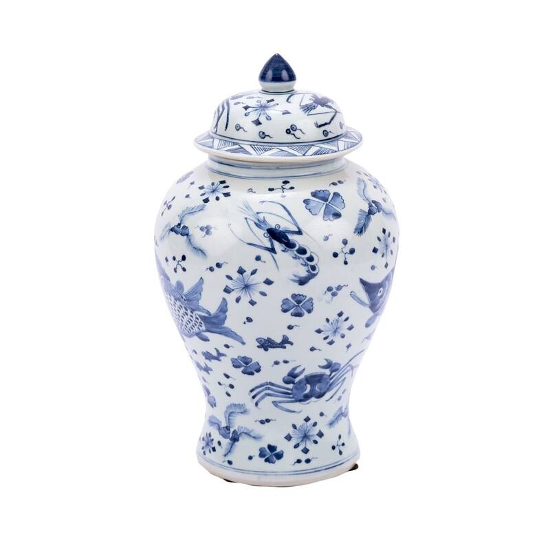 Blue & White Fish Shrimp & Crab Ginger Jar