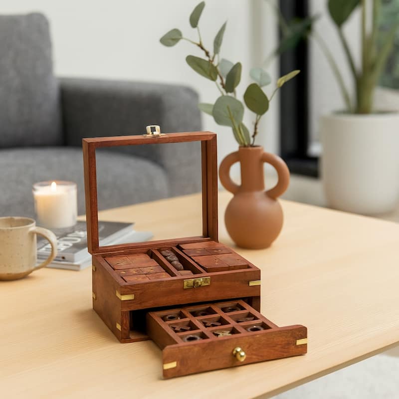 3 in 1 Classic Tabletop Game Set in Wooden Case Storage - 6", Brown & Gold - 6.0"