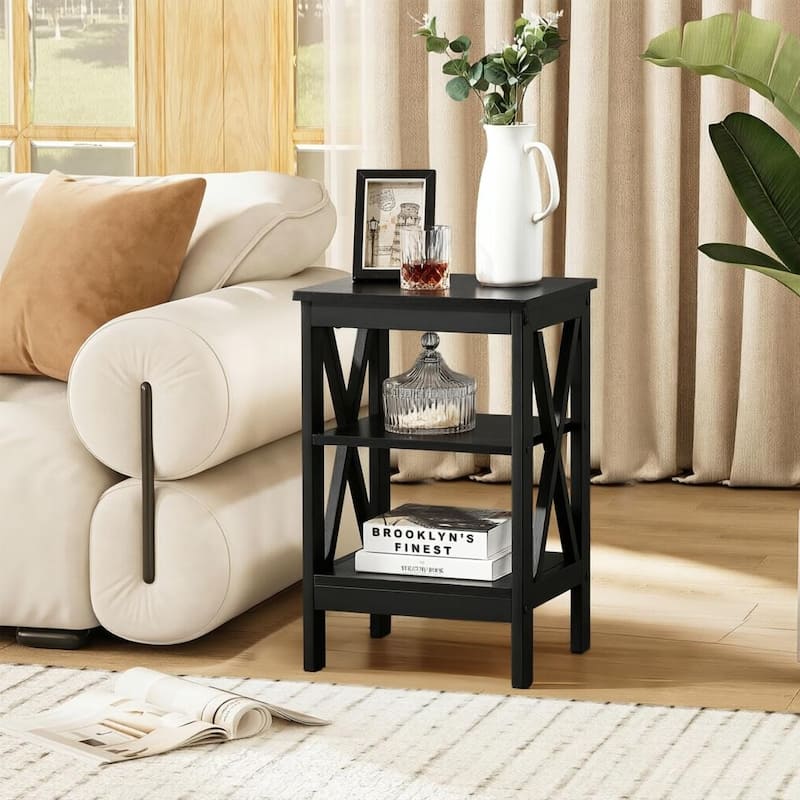 VECELO Modern End Tables with 3-Tier Open Storage Shelves X-Shaped Side Sofa Side Tables and Nightstands - 1-piece - Black