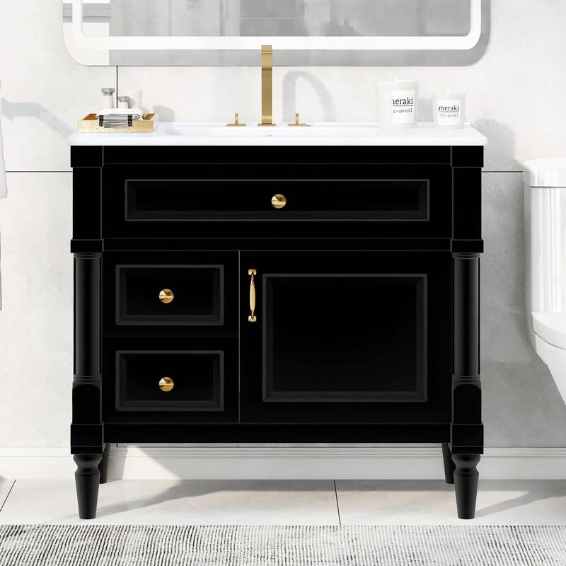 36" Bathroom Vanity with Sink, Freestanding Bathroom Cabinet with Ceramic Basin, Flip Drawer