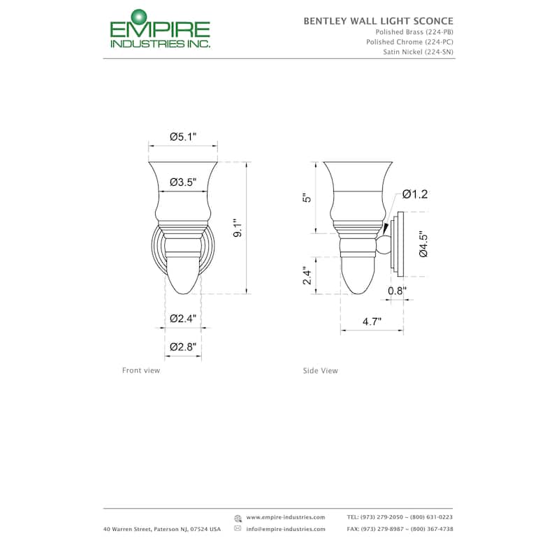 Bentley Solid Brass Wall Sconce with Frosted Glass & Nightlight Option