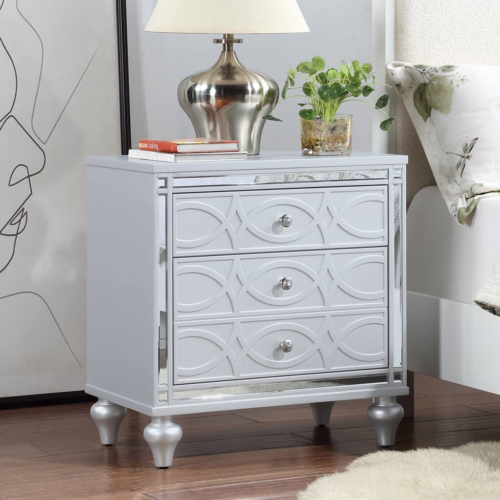 Silver Mirrored Nightstand - 2 Drawers & Hidden Drawer, Crystal Pulls, Sturdy Wood Legs