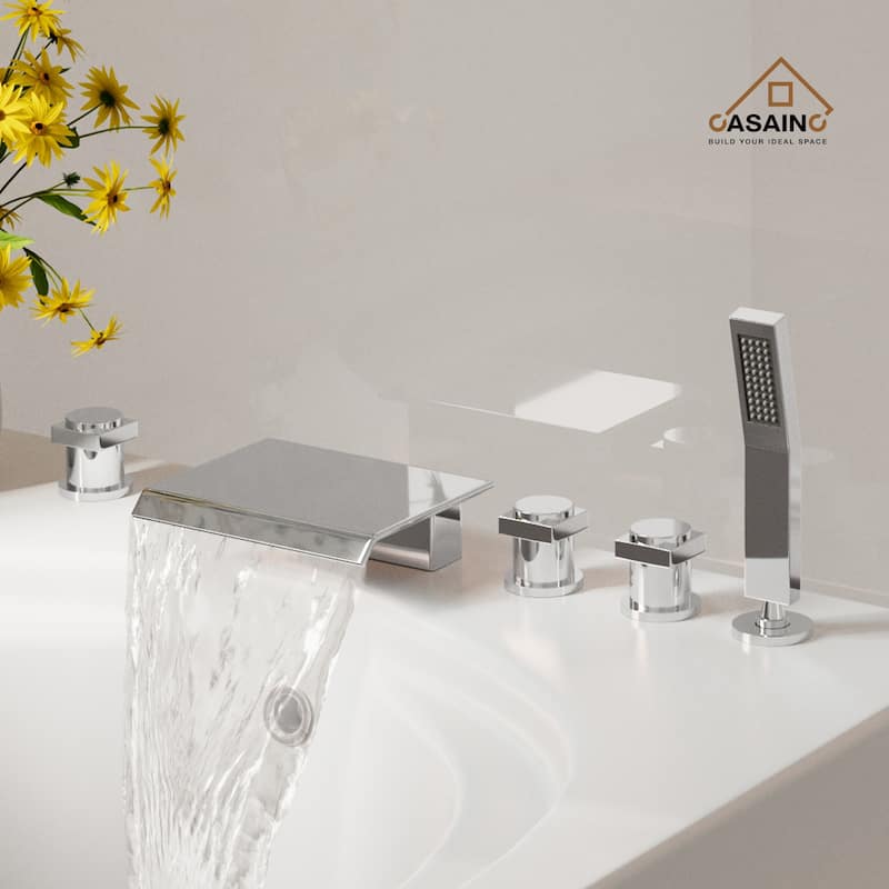 3-Handle Deck-Mount Bathtub Faucet Waterfall Roman Tub Faucet with Hand Shower