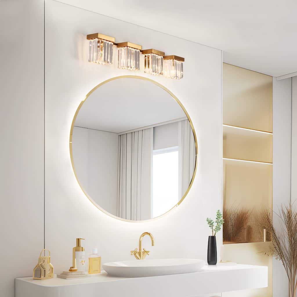 Diore Modern 4-Light Crystal Bathroom Vanity Light Gold Wall Sconces Lamps - Brass Gold - L31.5"*W5.7"*H5.9"