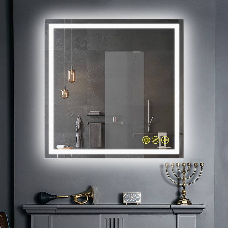 GlareGuard 36x36" Square Anti-Fog Dimmable Backlit LED Bathroom Vanity Mirror - Clear