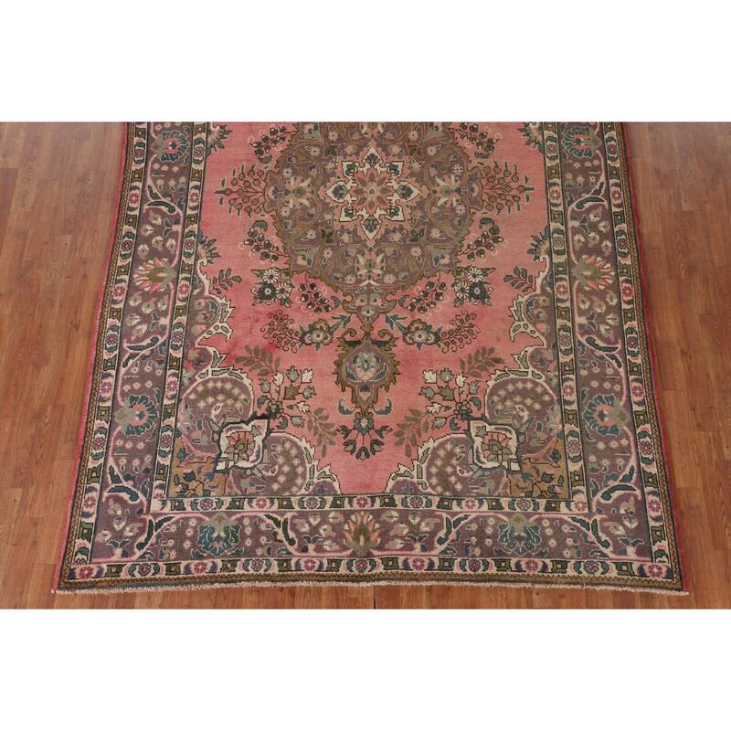 Pink Tabriz Persian Vintage Area Rug Handmade Wool Carpet - 6'8" x 9'10"