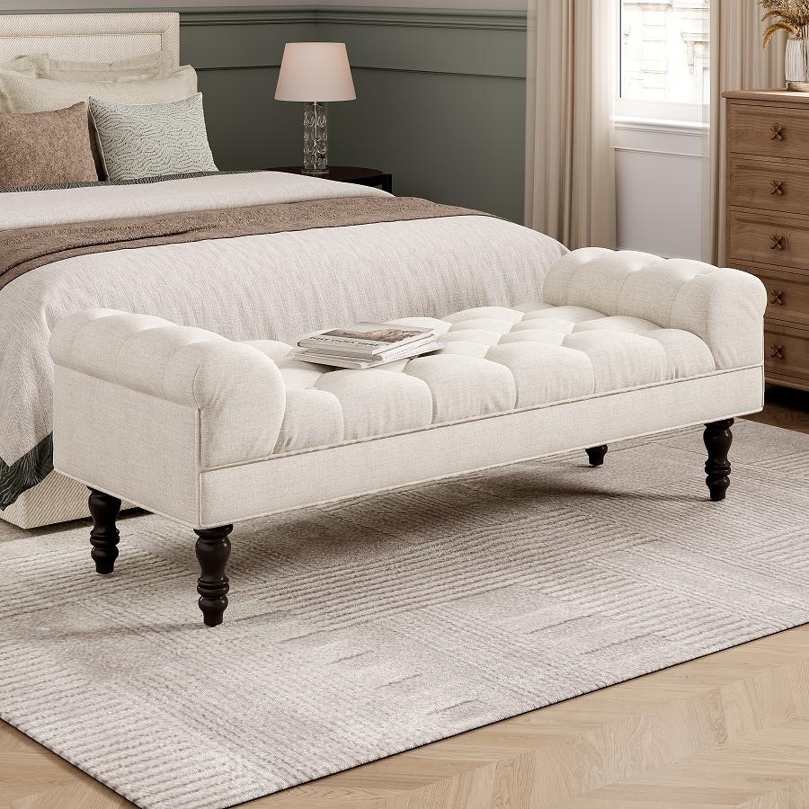 Christopher Knight Home - Button Tufted Bed Bench, Upholstered Fabric Ottoman with Rolled Arms, Footstool with Legs