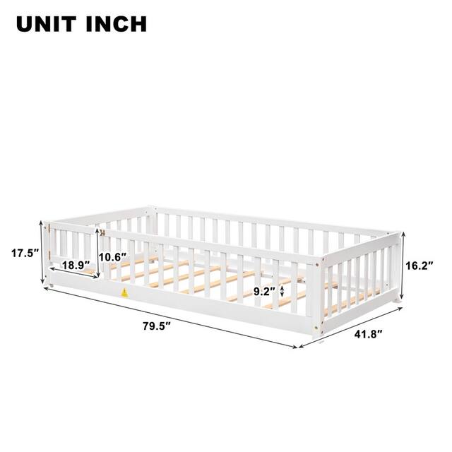 Twin/Full/Queen size Floor Platform Bed with Fence and Door for Kids, Toddlers