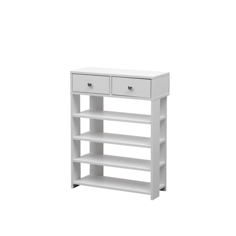Modern Minimalist Wooden Shoe Rack with 2 Drawer, 4 Layer Shoe Cabinet for Entryway