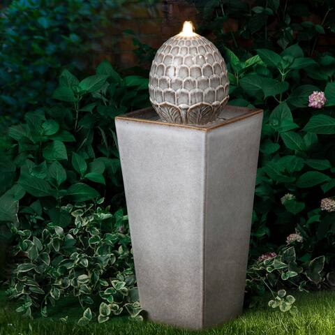 36"H Beige/ Blue Oversized Artichoke Pedestal LED Ceramic Fountain by Glitzhome