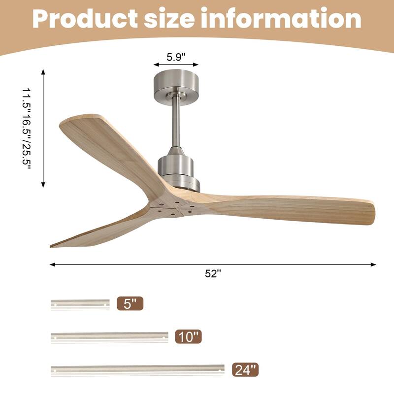 Sofucor 52 Inch Ceiling Fan without Light Solid Wood,with Remote,Smart Optional-Alexa/Google Assistant/APP/Remote Control