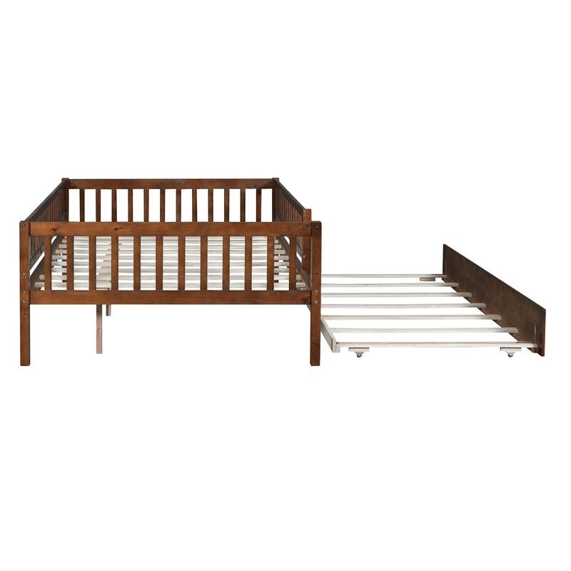 Full Size Wood Daybed with Trundle and Fence Guardrails in Walnut Finish