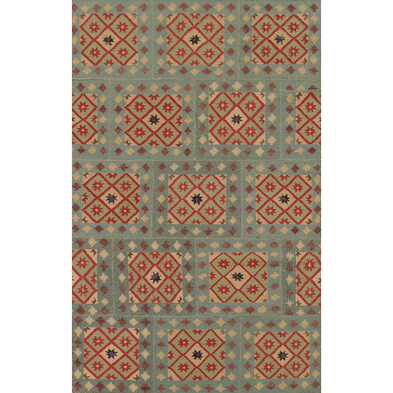 All-Over Geometric Kilim Indian Area Rug Handmade Wool Carpet - 4'11"x 7'8"