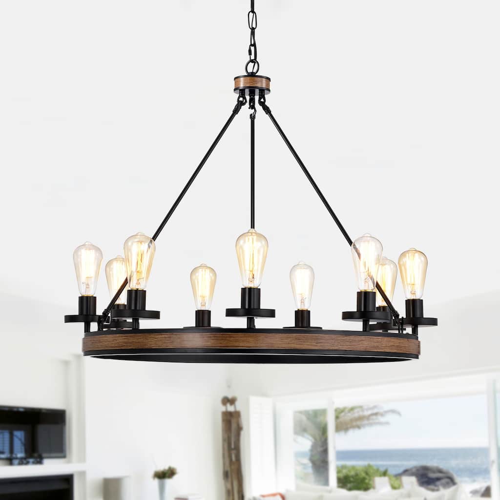 Aada Matte Black Metal 9 Light Wood Grain Finish Wagon Wheel Chandelier 32-Inch
