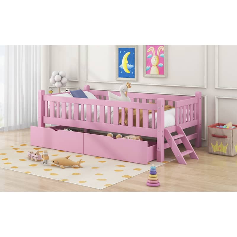 Wood Low Loft Bed Storage Platform Bed with Guardrail and 2 Drawers