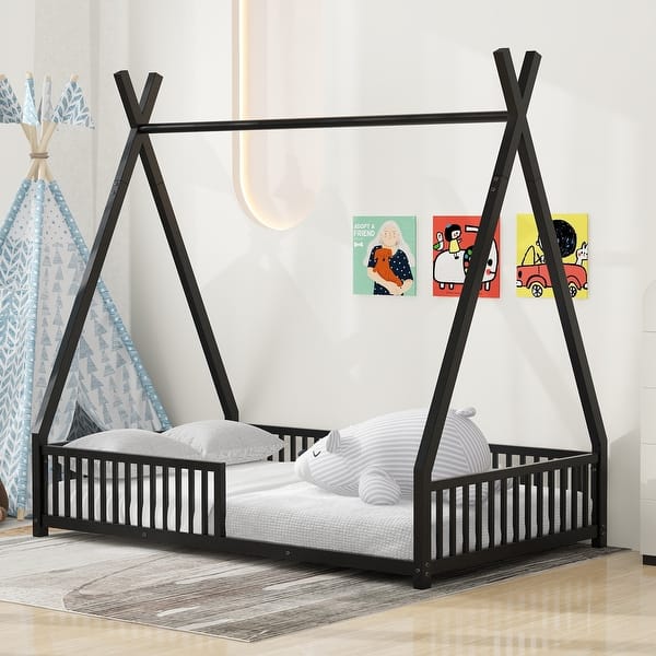 slide 2 of 13, Black Twin Size Metal House Platform Bed with Triangle Structure and Guardrail for Kids, Boys and Girls Twin - Black