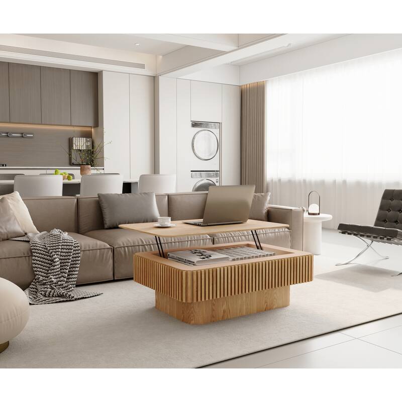 Fluted 38.6" Lift-top Coffee Table, Solid Wood Modern Accent Table with Storage and Adjustable Height