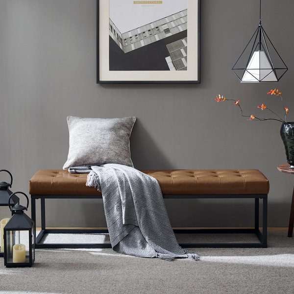 Gabino Mid century Modern Vegan Leather Button tufted Bench with Sturdy Metal Base by HULALA HOME On Sale Bed Bath Beyond 41615132