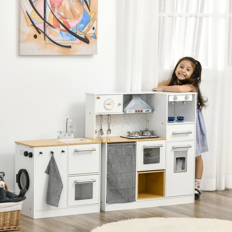 Qaba Kids Wooden Kitchen Playset with Sound Effects and Tons of Countertop Space, Wooden Corner Play Kitchen Set - Kitchens - 2-4 Years